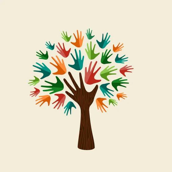 Illustration of a tree whose leaves are colourful handprints, symbolising the Deaf signing community