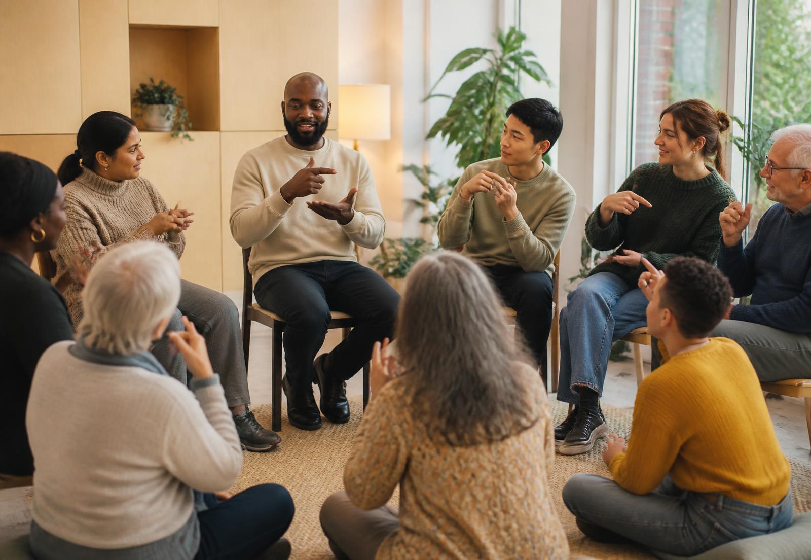 A diverse group of learners sitting in a circle, practising British Sign Language together in a bright welcoming space